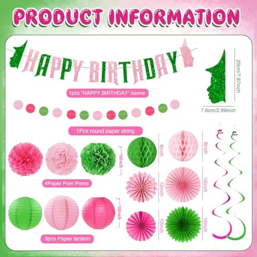Pink Green Birthday Decorations Set Banner Pom Poms Fans Lanterns