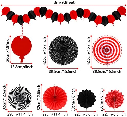 Red and Black Party Decorations Set with Fans and Pompoms