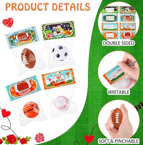 Zhanmai Valentine Sports Stress Balls with Cards 48 Pcs