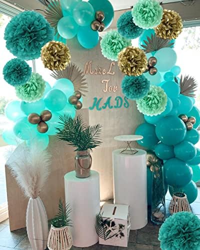 12PCS Teal Turquoise Aqua Gold Party Decor Pom Poms