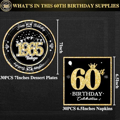 60th Birthday Plates and Napkins Set Black Gold