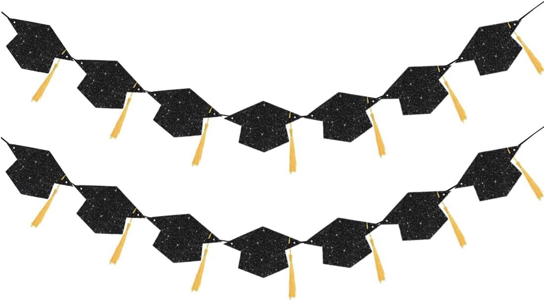2025 Graduation Decor Banners with Black Glitter Hats and Tassels