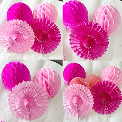 12pcs Pink Honeycomb Ball Fans for Party Decorations