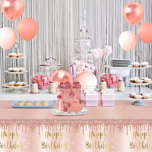 3 Pcs Pink Rose Gold Happy Birthday Table Cover Decorations