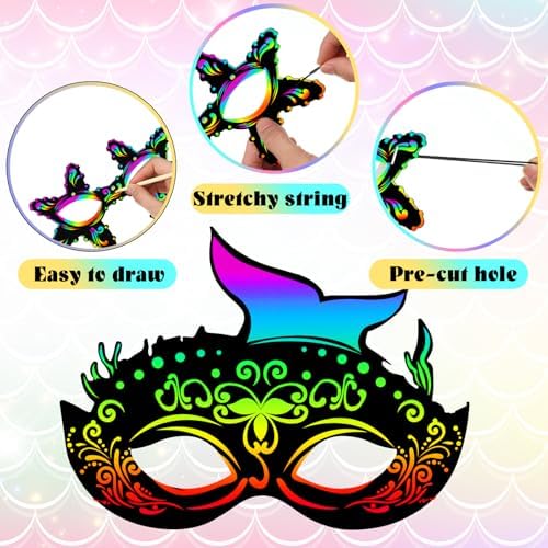 Realspring 60 Pcs Themed Scratch Paper Mask DIY Craft Kit
