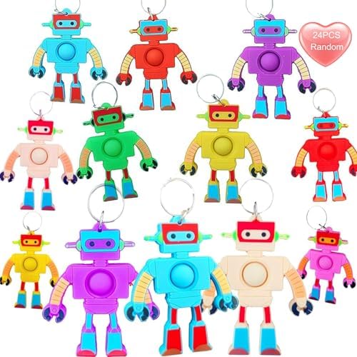Goodangie00 24 Pack Rainbow Robot Fidget Pop Keychains
