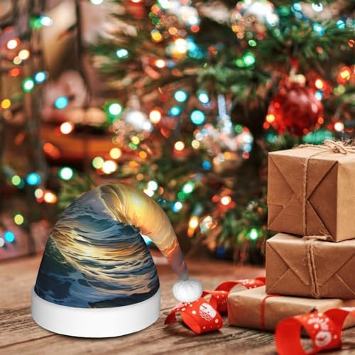 Ocean Sunset Print Christmas Santa Hat Plush Funny Adult Headwear