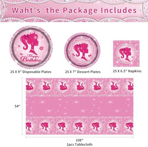 Pink Princess Party Plates Set for 25 Guests