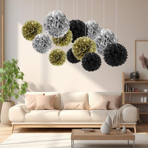 18 PCS Tissue Paper Pom Poms Decor Black Gold Silver
