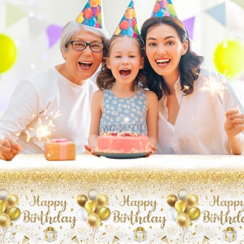 Happy Birthday Tablecloths 3pcs Gold White Party Decor