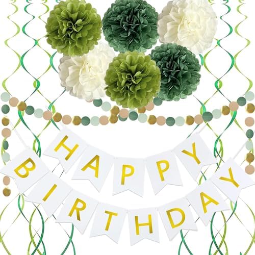 Sage Green Birthday Decor Set with Pom Poms and Banner