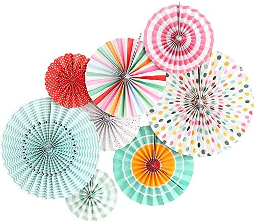 8 Piece Colorful Hanging Paper Fans Party Set