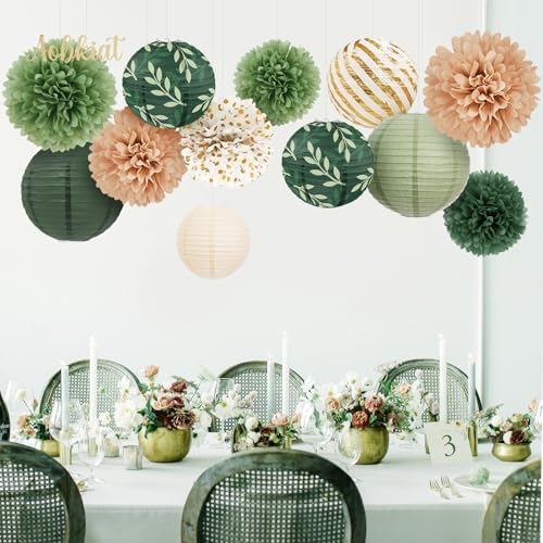 AOBKIAT 12PCS Olive Green Sage Paper Lanterns Set
