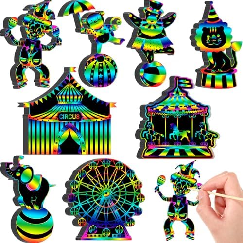 RoundFunny 80 Pcs Carnival Scratch Cards with Sticks and Ribbons