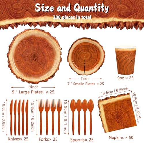 200 Piece Rustic Wood Grain Tableware Set for Camping and Birthday Parties
