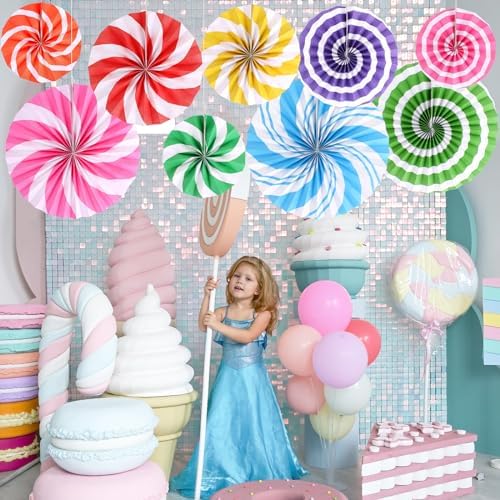 9 Pcs Candyland Themed Paper Fans for Party Decorations