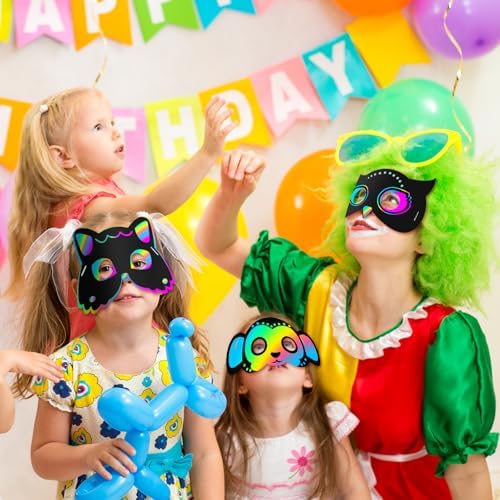 Realspring 60 Pcs Safari Animal Scratch Paper Mask DIY Kit