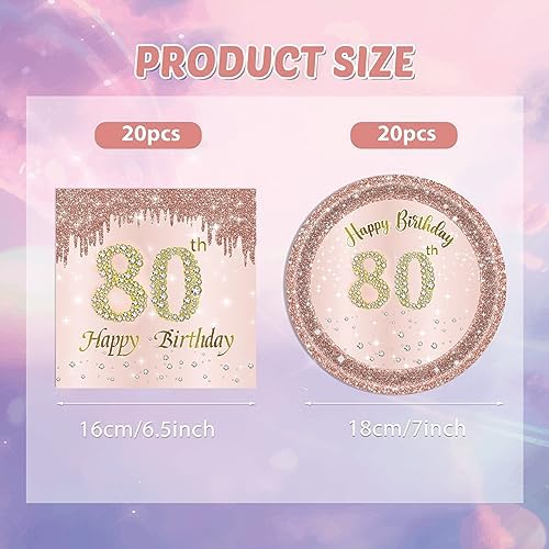 KHAIVI 40PCS Rose Gold 80th Birthday Tableware Set