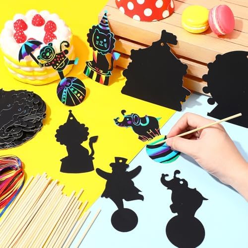 RoundFunny 80 Pcs Carnival Scratch Cards with Sticks and Ribbons