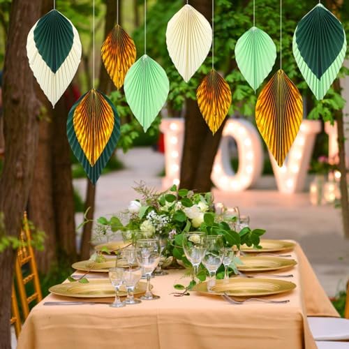ADLKGG Green Gold Hanging Paper Leaves Wall Decor 12pcs
