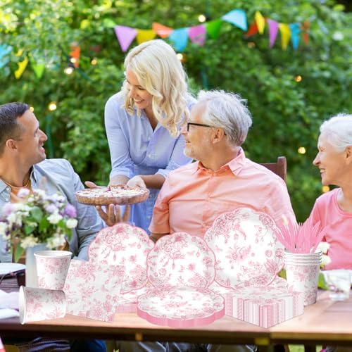 Pink Floral Paper Plates 144Pcs Wedding Tea Party Set
