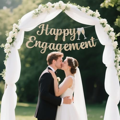Pre-Strung Happy Engagement Banner - Gold Glitter Wedding Decor