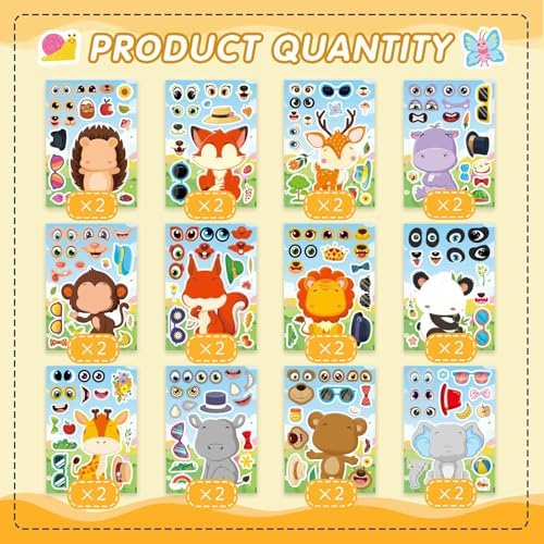 24 Sheet Face Stickers with 12 Animal Designs for Kids