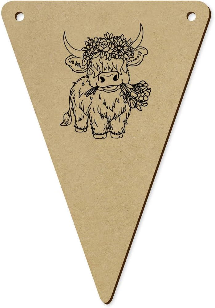 5 x 140mm Highland Cow with Flowers Wooden Bunting Flags