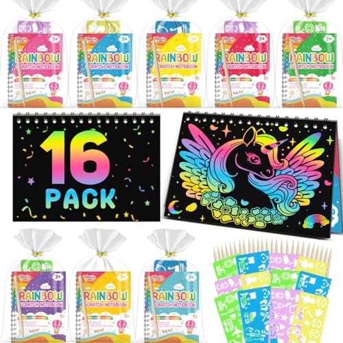 FEREDO KIDS 16 Pack Rainbow Scratch Art Notebook Party Favors Gifts