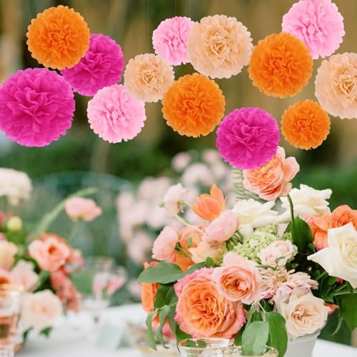 BestoFun 16 PCS Hot Pink Orange Party Decorations Pom Poms