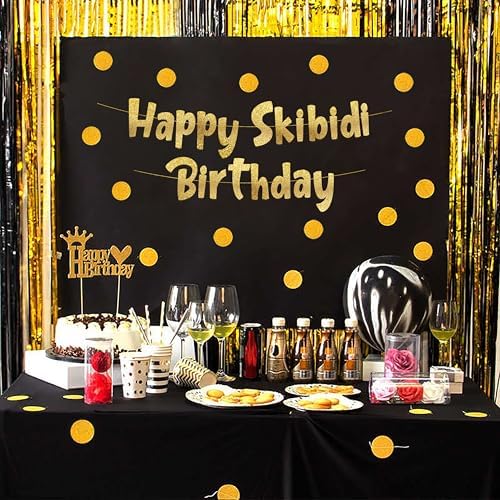 Happy Skibidi Birthday Gold Glitter Banner - Funny Zoomer Decor