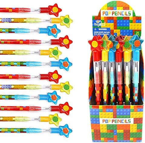 Tiny Mills 24 Pcs Building Block Stacking Pencils with Erasers