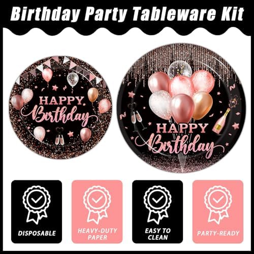 96 Pcs Rose Gold Birthday Plates Napkins Set for 24 Guests