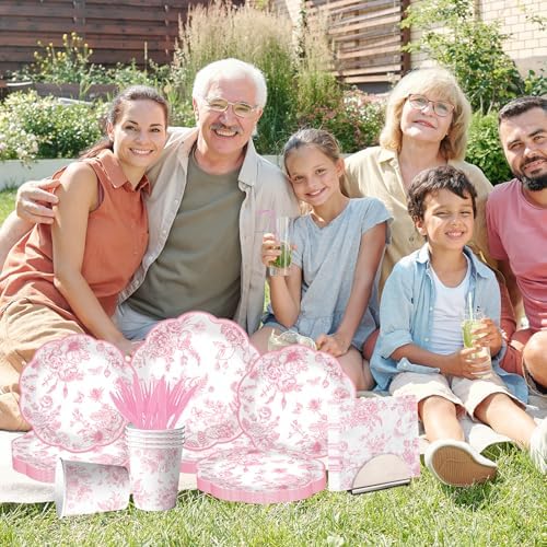 Pink Floral Paper Plates 144Pcs Wedding Tea Party Set