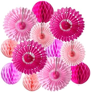 12pcs Pink Honeycomb Ball Fans for Party Decorations