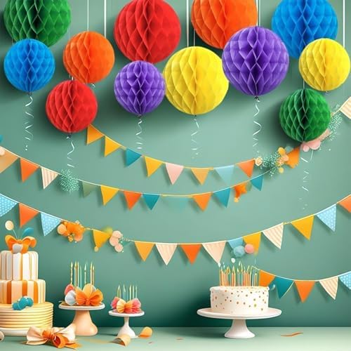 Rainbow Paper Honeycomb Balls 12 Pack for Party Decor