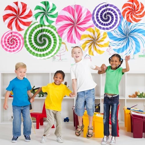 9 Pcs Candyland Themed Paper Fans for Party Decorations
