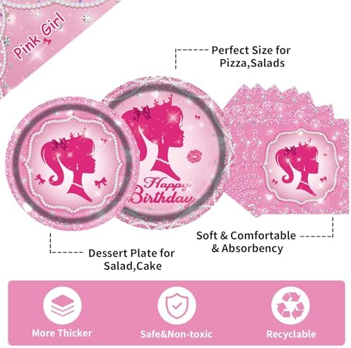 Pink Princess Party Plates Set for 25 Guests