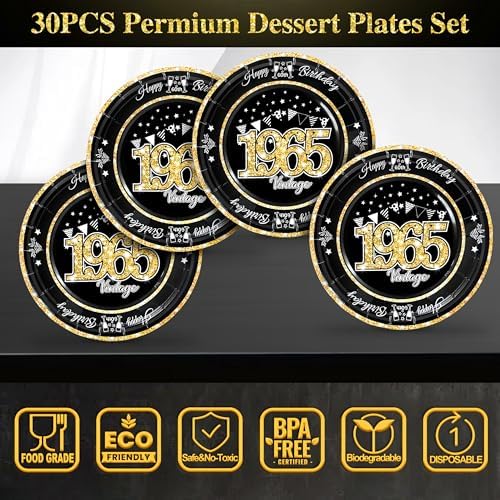 60th Birthday Plates and Napkins Set Black Gold
