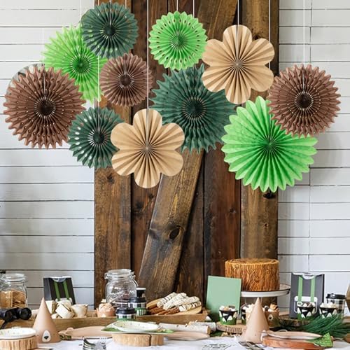 11 Pcs Tropical Jungle Hanging Paper Fans Decor Set