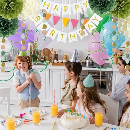 Sage Green Birthday Decor Set with Pom Poms and Banner