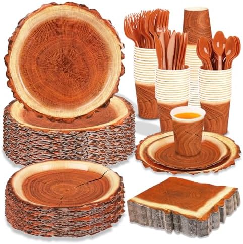 200 Piece Rustic Wood Grain Tableware Set for Camping and Birthday Parties