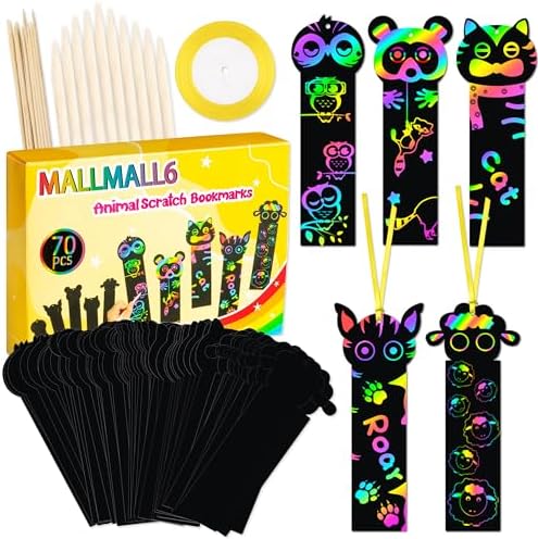 Mallmall6 70Pcs Animal Scratch Bookmarks Craft Kit for Kids