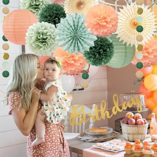 Sage Green and Peach Birthday Decorations Set
