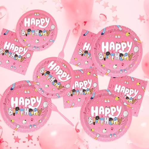 96Pcs Cartoon Pink Dog Party Tableware Set for 24 Guests