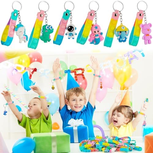 28 Pack Pop Fidget Toys with 3D Animal Keychains for Kids