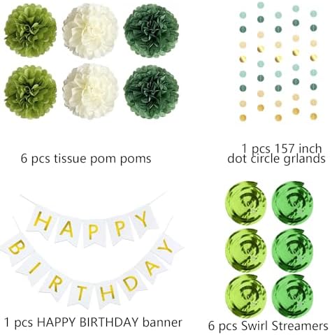 Sage Green Birthday Decor Set with Pom Poms and Banner