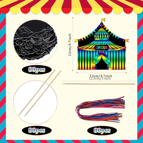 RoundFunny 80 Pcs Carnival Scratch Cards with Sticks and Ribbons