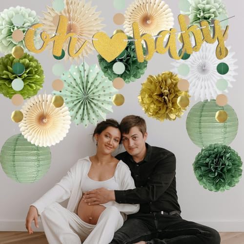 Sage Green Baby Shower Decorations with Gold and Olive Accents