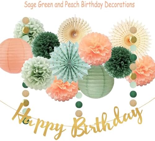 Sage Green and Peach Birthday Decorations Set